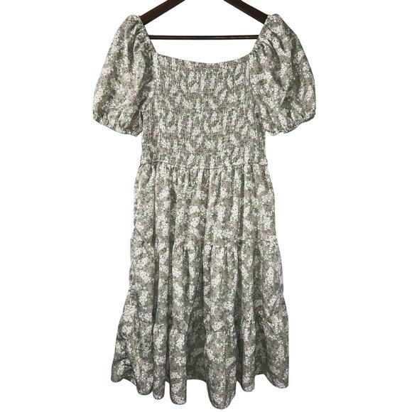 Stella Morgan US Size 8 Green w/ Purple & White Flowers Puff Sleeve Dress - Picture 1 of 5